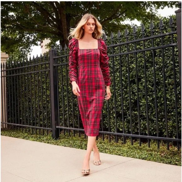 NWT Antonio Melani Elena Plaid Square Neck Long Ruched Sleeve Dress - Picture 2 of 2